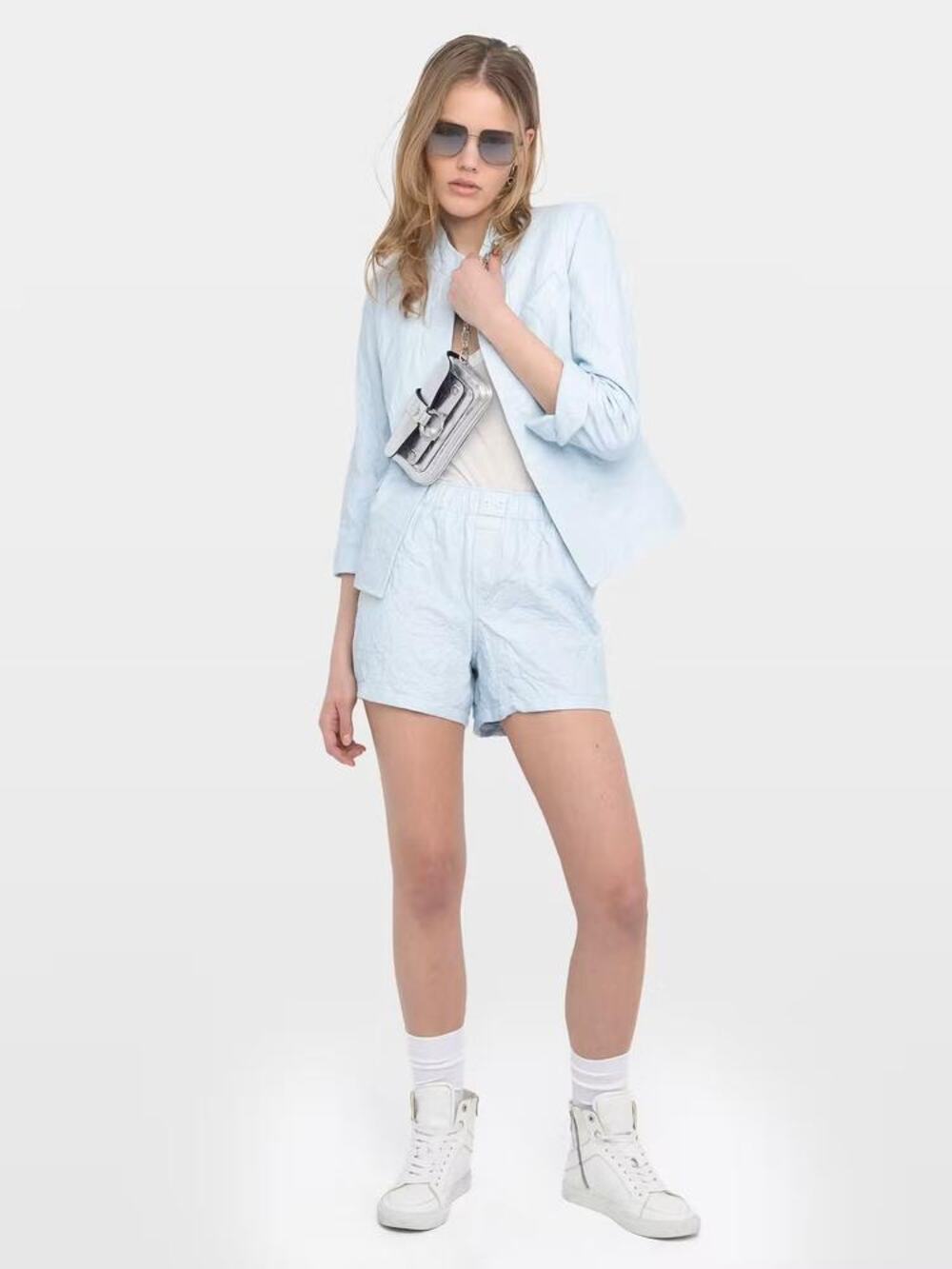 Zadig and Voltaire Pax Crinkled Leather Shorts Baby Blue 38 US 6 NWT Quiet Lux